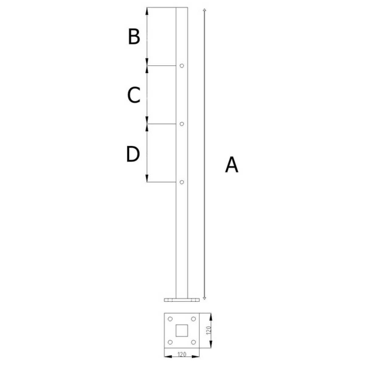 Gelaenderpfosten-mit-Fussplatte-120x120mm Zeichnung
